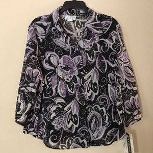 C.B. Collections Women's Blouse Floral Black Purple Silver Sparkly Lines